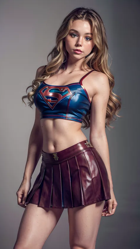 brecbassinger is Supergirl, long blonde hair, wearing (Supergirl cheerleader, no cape, cropped top, pleated miniskirt),big breas...