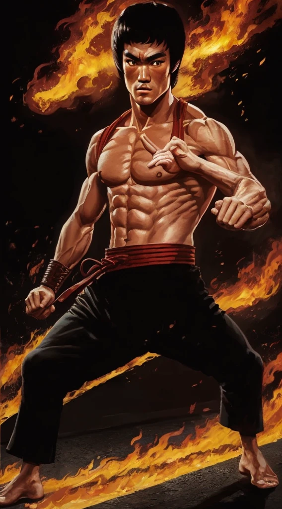 Schauspieler ((Bruce Lee)) as Liu Kang, Mortal Kombat, (Rotes Stirnband), schwarze Hose mit roten Streifen, Feuer auf Hintergrund, kompliziert, Hohe Detailliertheit, scharfer Fokus, dramatisch, fotorealistische Malereikunst von Greg Rutkowski