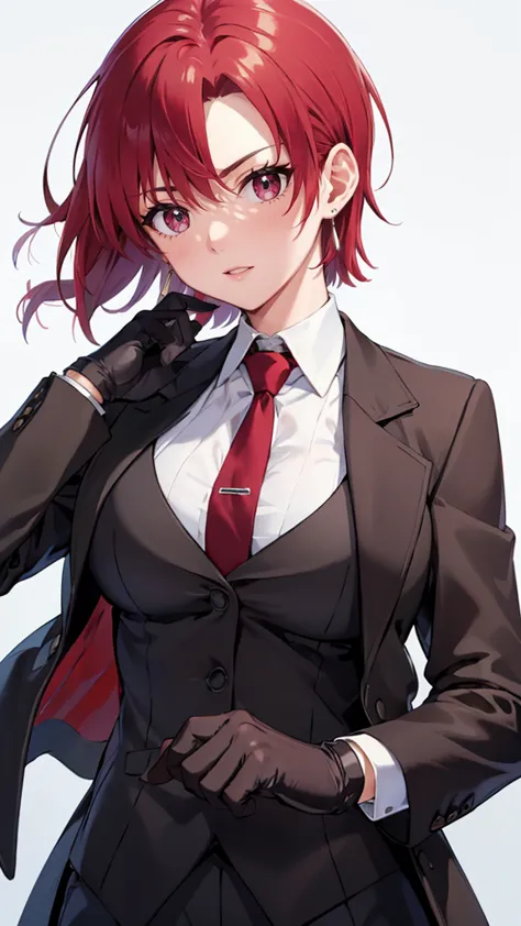 (masterpiece, best quality:1.2), bazett, fgo, 1girl, solo, short hair, red hair, bangs, red eyes,  large breasts, black gloves, ...