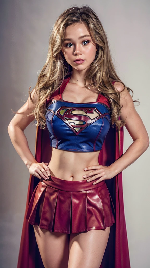 brecbassinger is Supergirl, long blonde hair, wearing (Supergirl cheerleader, red cape, cropped top, red miniskirt),(big breasts), (breast size 40d), jumping, highly detailed, Artstation, smooth, sharp focus, 8K,hyper realistic, detailed,epic realisticm rutkowski, hdr, intricate details, hyperdetailed, contrast, cinematic, rim ligth, muted colors:1. 2, (masterpiece, best quality, ultra detailed, absurdres:1.5)