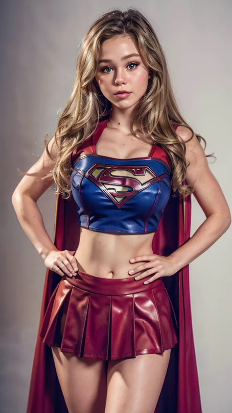 brecbassinger is supergirl, long blonde hair, wearing (supergirl cheerleader, red cape, cropped top, red miniskirt),(big breasts...