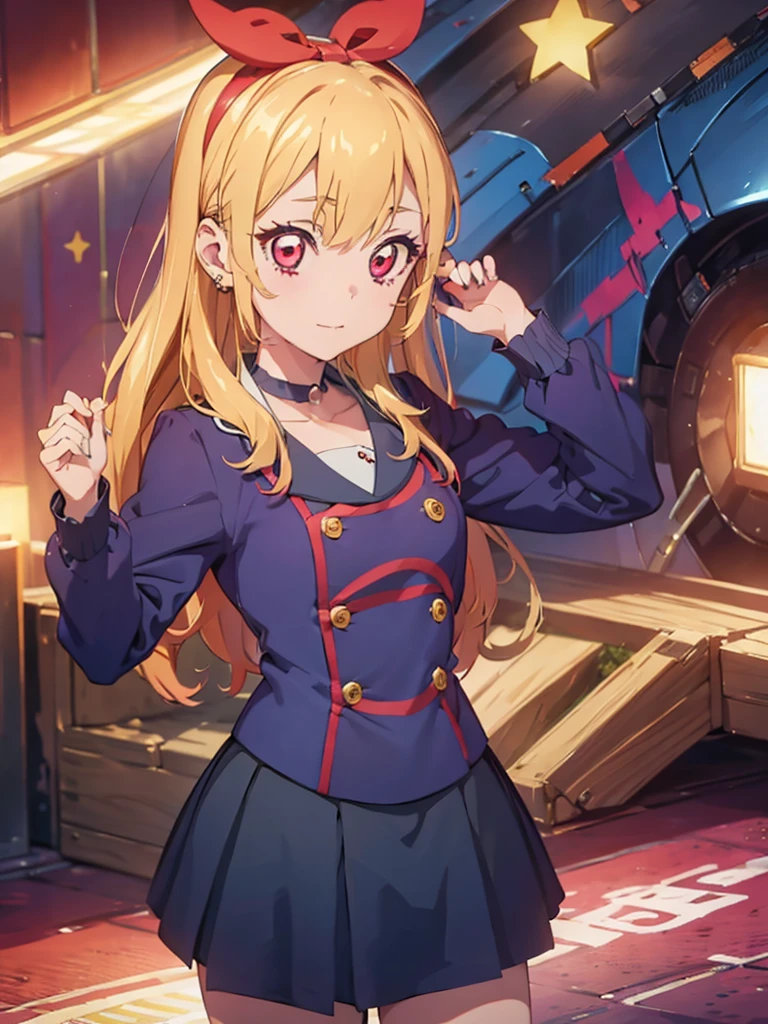 aikatsu,Blonde_HAIR,hoshimiya ichigo,hight resolution, absurdres, best_Quality, Ultra_Detailled, 8K, extremely_clear, photo, beautiful, Beautiful face, Scharp Focus, HDR, 1girl, Clean eyes, very wide-eyed,cyberpunk megacity background , hanabi, Beautiful face, very red areola, standing , very seductive pose, very young, teen, no bra, bare chest, No Top, NSFW, Blond long hair with red ends, pierced ears, marin kitagawa, 