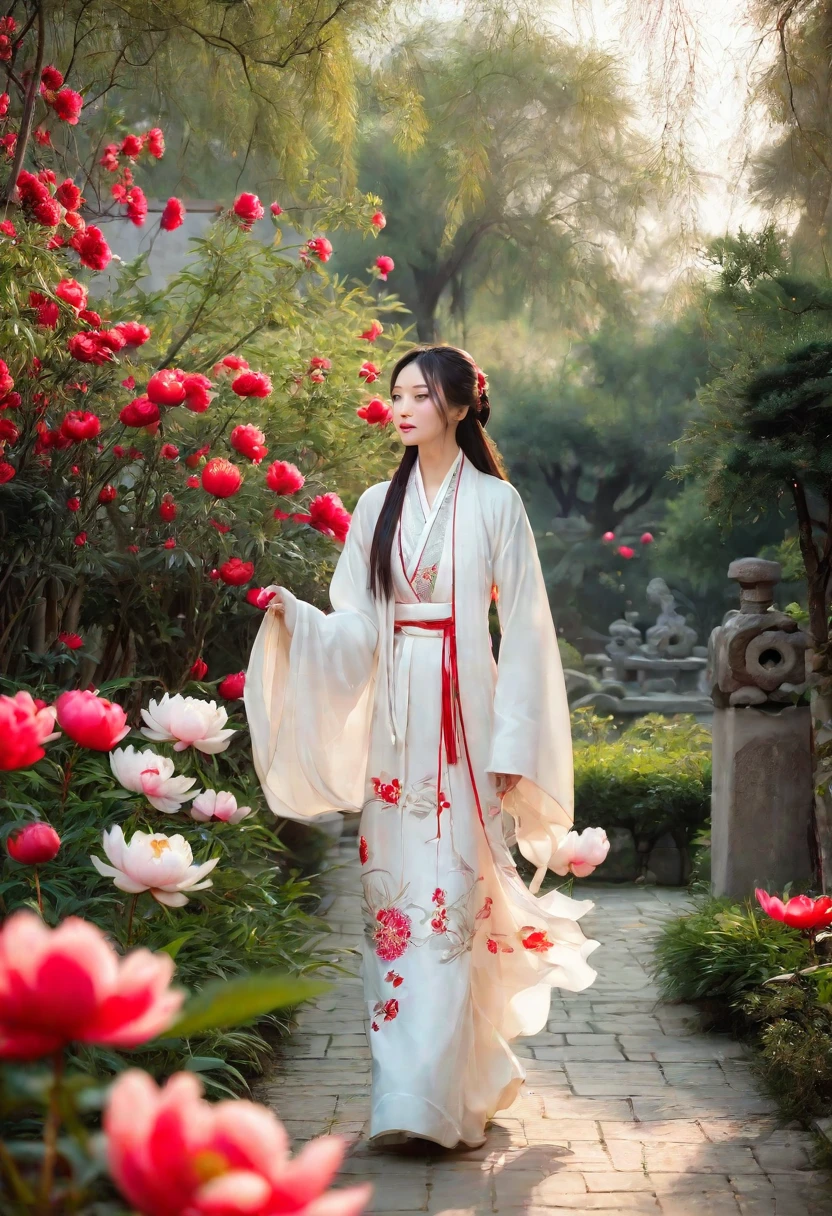 uma mulher usando um vestido branco andando em um jardim com flores de peônia vermelhas e brancas em primeiro plano, uma garota vestindo roupas tradicionais chinesas de hanfu, cabelos longos e esvoaçantes e roupão, fundo de jardim chinês antigo