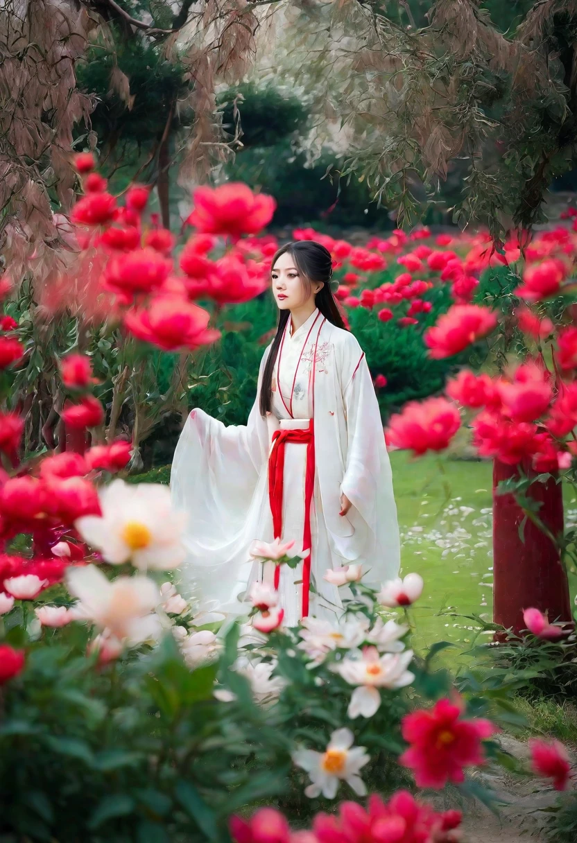 uma mulher usando um vestido branco andando em um jardim com flores de peônia vermelhas e brancas em primeiro plano, uma garota vestindo roupas tradicionais chinesas de hanfu, cabelos longos e esvoaçantes e roupão, fundo de jardim chinês antigo