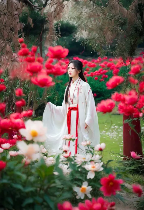 a woman wearing a white dress walking in a garden with red and white peony flowers in the foreground, a girl wearing hanfu tradi...
