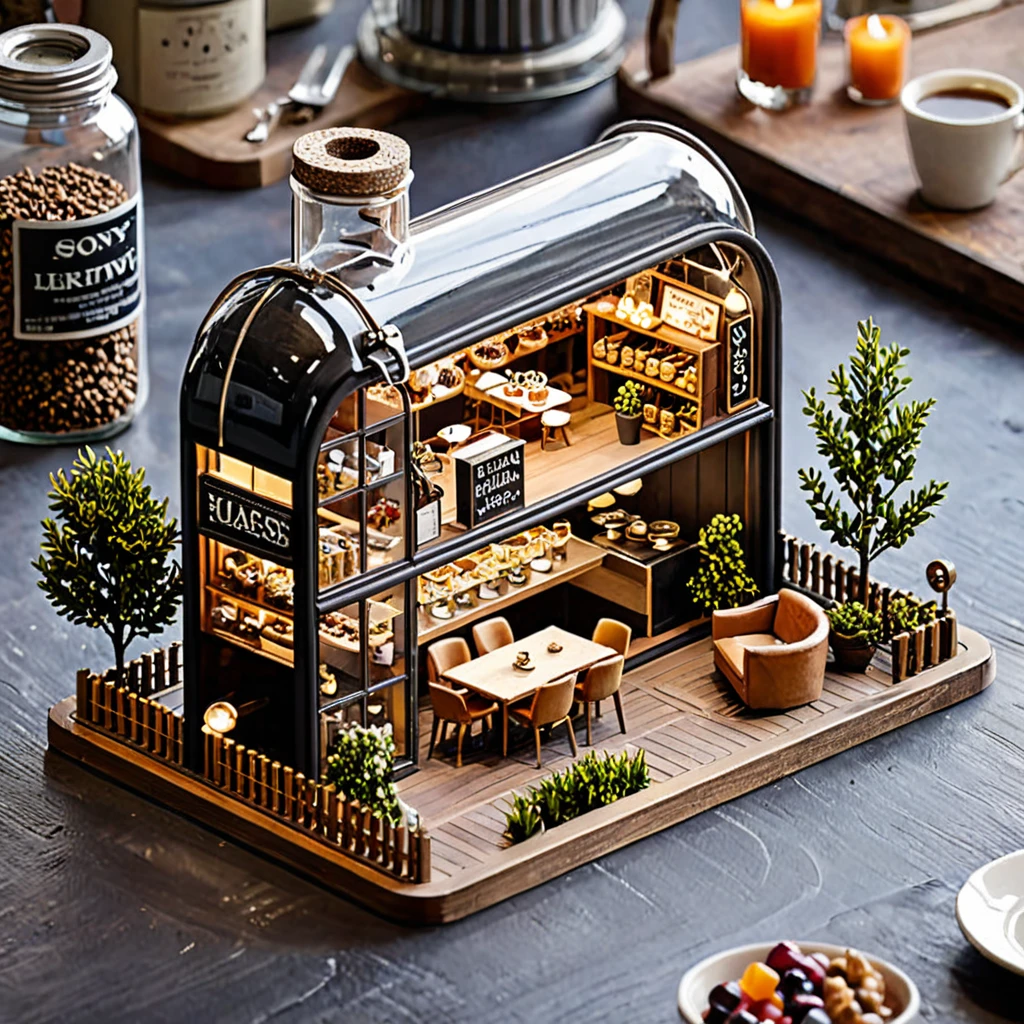 (masterpiece, top quality, best quality),(ultra-detailed, absolutely resolution),((16k, high res)),

BREAK {The miniature material is unified with balsa wood}, 

BREAK {miniature café inside a glass bottle. The café should feature tiny tables and chairs, a counter with a coffee machine, and shelves with pastries and coffee cups. The glass bottle should be clear and placed on a surface, with soft natural lighting to highlight the intricate details of the café setup. Include small decorative elements like potted plants, hanging lights, and a chalkboard menu to enhance the cozy atmosphere}

BREAK { (produces images with information more than 40 million pixels with cinematic-like detailed textures shot on a Sony SLR).}