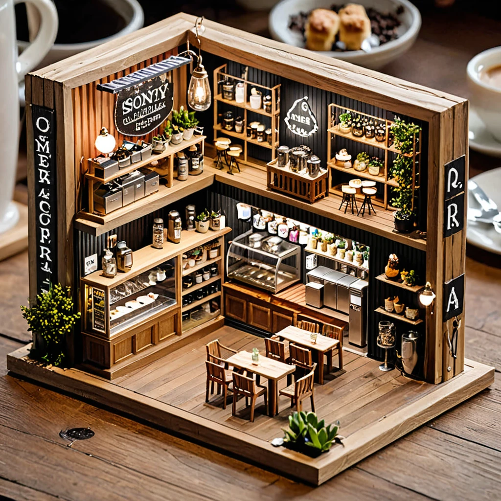 (masterpiece, top quality, best quality),(ultra-detailed, absolutely resolution),((16k, high res)),

BREAK {The miniature material is unified with balsa wood}, 

BREAK {miniature café inside a glass bottle. The café should feature tiny tables and chairs, a counter with a coffee machine, and shelves with pastries and coffee cups. The glass bottle should be clear and placed on a surface, with soft natural lighting to highlight the intricate details of the café setup. Include small decorative elements like potted plants, hanging lights, and a chalkboard menu to enhance the cozy atmosphere}

BREAK { (produces images with information more than 40 million pixels with cinematic-like detailed textures shot on a Sony SLR).}