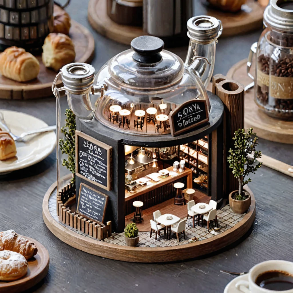 (masterpiece, top quality, best quality),(ultra-detailed, absolutely resolution),((16k, high res)),

BREAK {The miniature material is unified with balsa wood}, 

BREAK {miniature café inside a glass bottle. The café should feature tiny tables and chairs, a counter with a coffee machine, and shelves with pastries and coffee cups. The glass bottle should be clear and placed on a surface, with soft natural lighting to highlight the intricate details of the café setup. Include small decorative elements like potted plants, hanging lights, and a chalkboard menu to enhance the cozy atmosphere}

BREAK { (produces images with information more than 40 million pixels with cinematic-like detailed textures shot on a Sony SLR).}