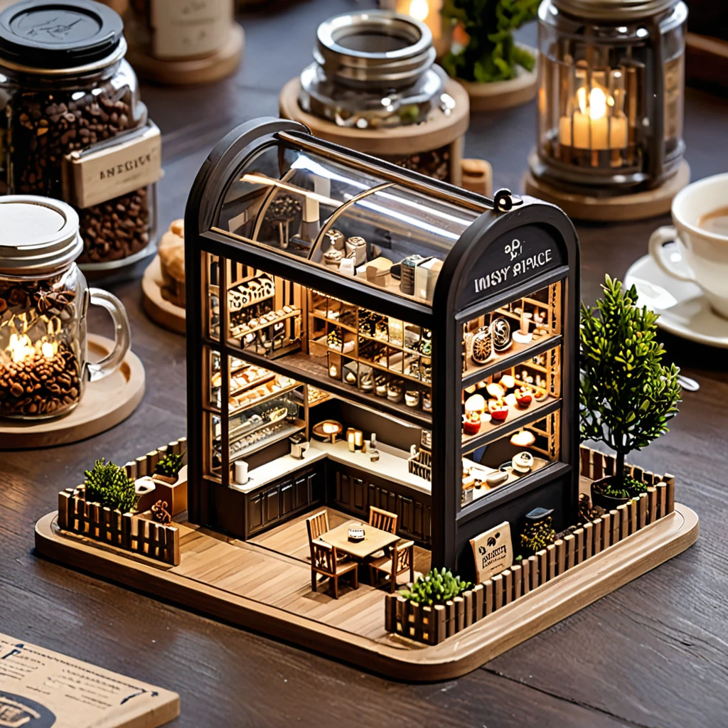 (masterpiece, top quality, best quality),(ultra-detailed, absolutely resolution),((16k, high res)),

BREAK {The miniature material is unified with balsa wood}, 

BREAK {miniature café inside a glass bottle. The café should feature tiny tables and chairs, a counter with a coffee machine, and shelves with pastries and coffee cups. The glass bottle should be clear and placed on a surface, with soft natural lighting to highlight the intricate details of the café setup. Include small decorative elements like potted plants, hanging lights, and a chalkboard menu to enhance the cozy atmosphere}

BREAK { (produces images with information more than 40 million pixels with cinematic-like detailed textures shot on a Sony SLR).}