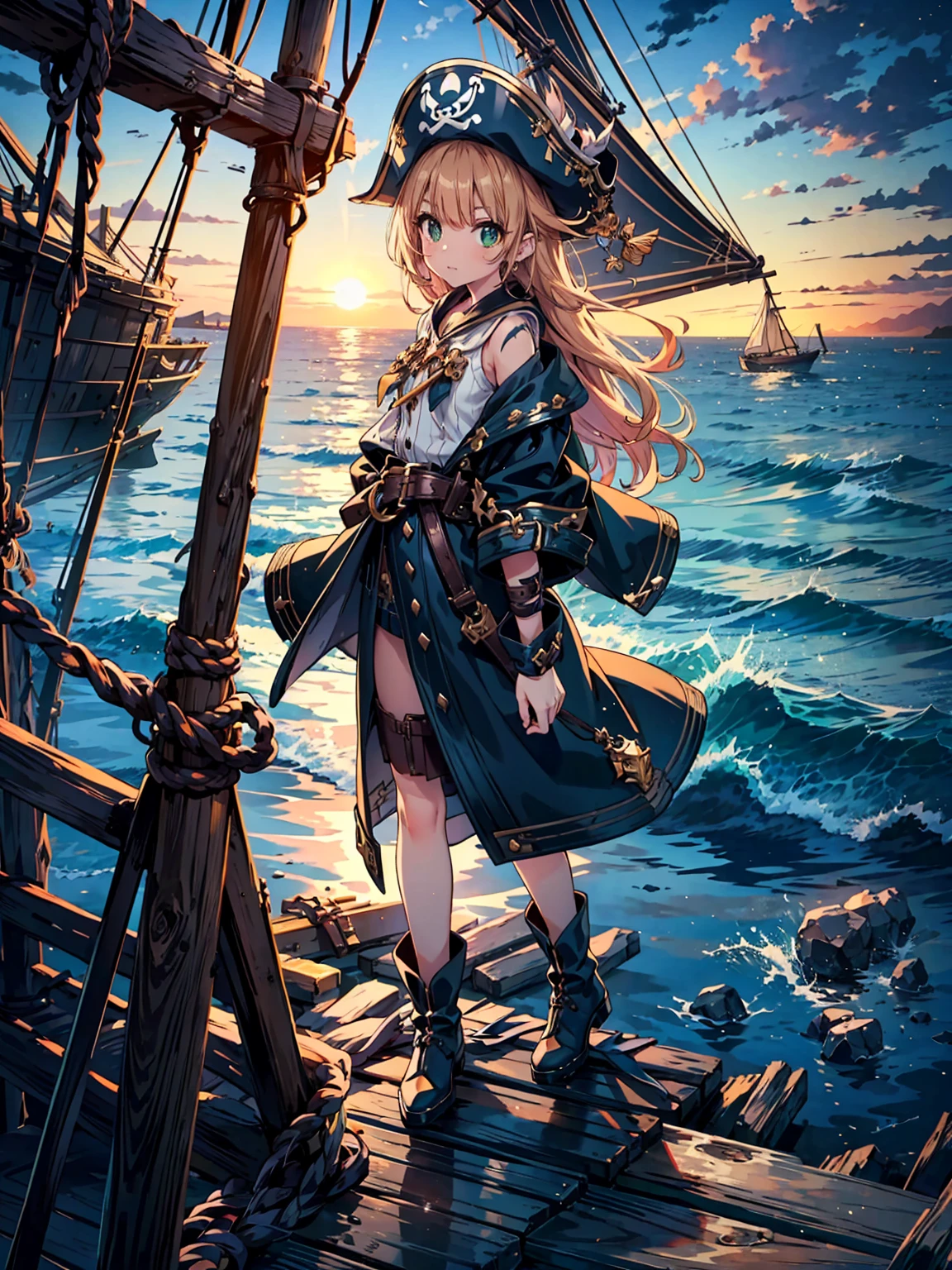 ((full body shot)) of a girl in rugged, stylish pirate attire with leather boots, a tricorn hat, and a billowing coat, standing on the deck of an ancient, weathered pirate ship. She has long, flowing brown hair and piercing green eyes. Her skin is sun-kissed, and she has a few scars that hint at past battles. She holds a gleaming cutlass in one hand and an ornate flintlock pistol in the other. The atmosphere is {adventurous|tense}, with the open sea and a setting sun casting golden hues across the scene. The ground beneath her is wooden planks, reflecting the light of the setting sun and adding to the nautical ambiance. Surrounding her are coiled ropes and scattered barrels in shades of {brown|gold}, casting a warm, maritime glow. The background features billowing sails and a distant, stormy horizon, hinting at impending adventure and danger. The scene is vibrant and energetic, with her face showing a fierce yet confident expression, her eyes focused intently on the horizon.

[Best quality], [Masterpiece], [Ultra-detailed], [4k], {adventurous|tense} atmosphere, pirate ship, {dynamic pose|heroic pose}, sunset illumination, {soft shadows|dramatic lighting}, {reflected light on wooden planks:0.7}, {billowing sails:0.6}, {coiled ropes:0.5}, {stormy horizon:0.4}, {scattered barrels:0.3}.