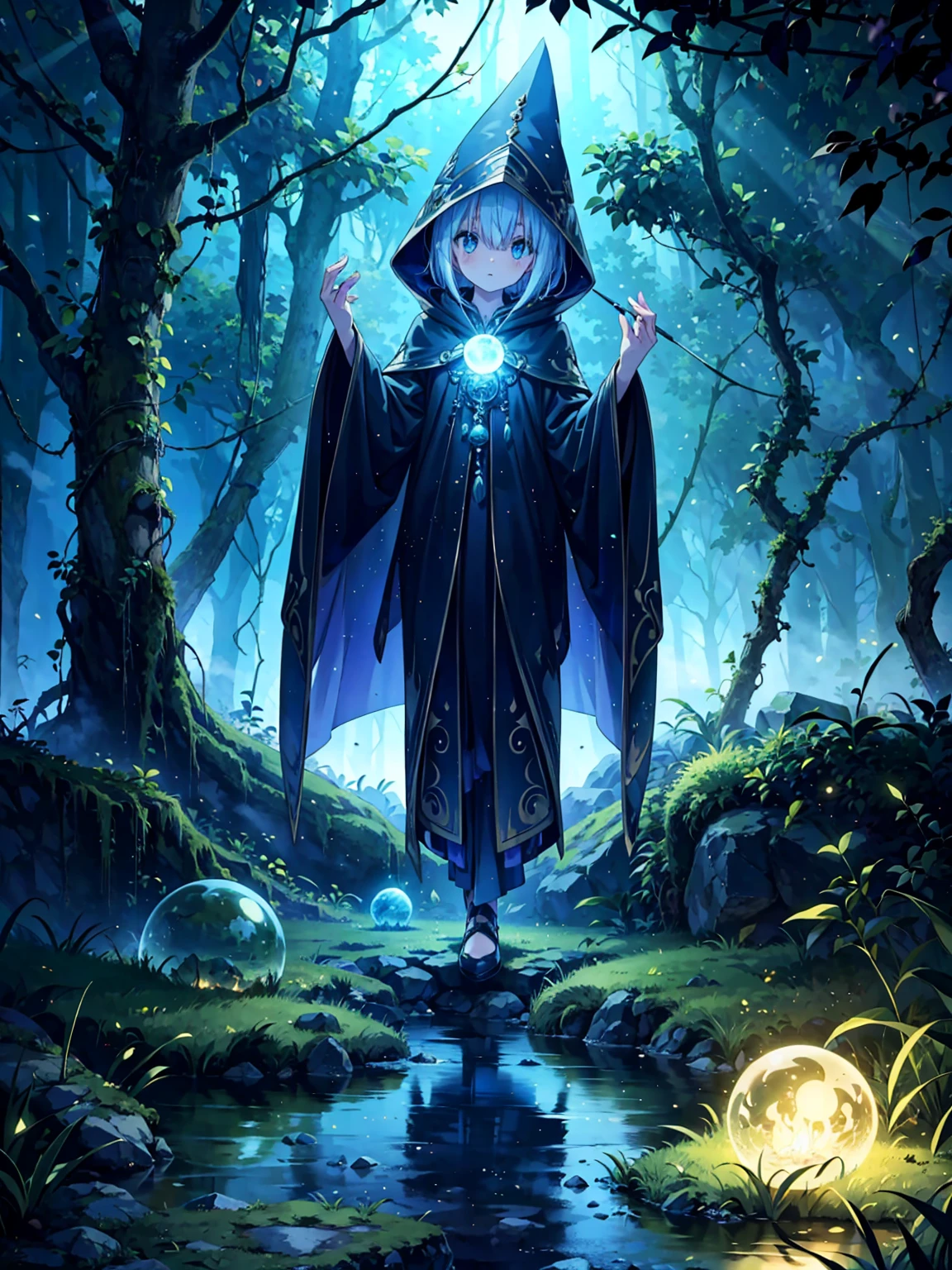 ((full body shot)) of a girl in a dark hooded cloak and a mage hat, standing in a completely dark environment. She is holding a glowing orb of energy in her hands, which emits a soft, ethereal light. Surrounding her are numerous small lights in shades of {blue|purple}, casting a faint glow similar to candlelight. The only illumination comes from the orb and the particles around her. The atmosphere is {mysterious|otherworldly}, with a misty haze drifting around her feet. The ground beneath her is reflective, creating a mirrored effect that adds to the surreal ambiance. Subtle textures of ancient, worn stones and creeping vines can be seen in the background, hinting at a hidden, mystical place. The scene is quiet and enigmatic, with the girl's face partially obscured by the hood, her eyes focused intently on the luminous orb. She holds an intricately designed staff made of wood with metallic parts and embedded jewels.

[Best quality], [Masterpiece], [Ultra-detailed], [4k], {serene|intense} atmosphere, {mystical forest|ancient ruins}, {dynamic pose|relaxed pose}, complete darkness, {soft shadows|dramatic lighting}, {reflected light on the ground:0.7}, {misty haze:0.6}, {glowing plants:0.5}, {creeping vines:0.4}, {ancient stones:0.3}.

