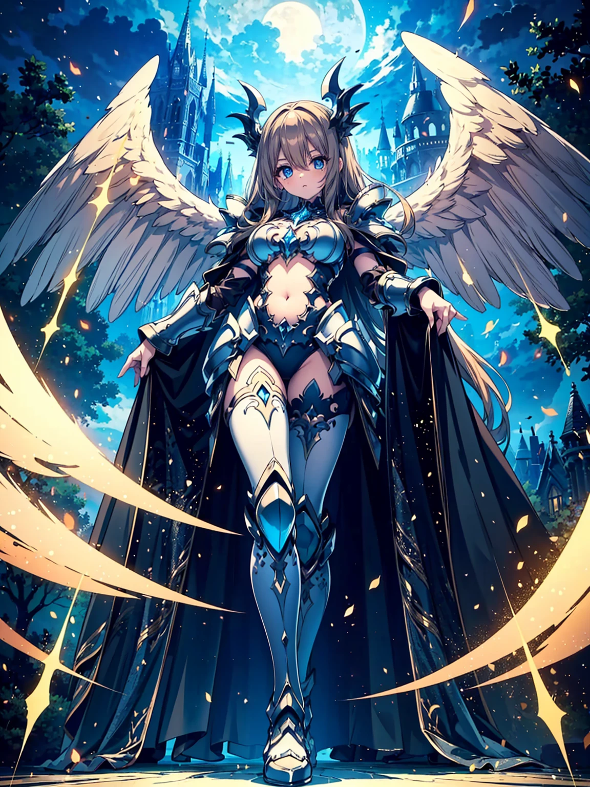 (((masterpiece))) (((highest quality))) (((8k resolution))) Queen in power armor, (gothic style), (full body shot 1.2), bellybutton, The most beautiful and sexy angel goddess, with long light brown hair, and glowing blue eyes, wearing intricate white gothic battle armor, angel wings, standing majestically in front of a gothic castle. ((perfect illumination)), a radiant glowing aura surrounds her, highlighting her divine presence and ethereal beauty, as she stands ready to defend her realm. The intricate details of her armor shimmer under the moonlight, and her angelic wings spread wide, casting an awe-inspiring shadow. Her glowing blue eyes exude both kindness and immense power, making her the epitome of grace and strength.