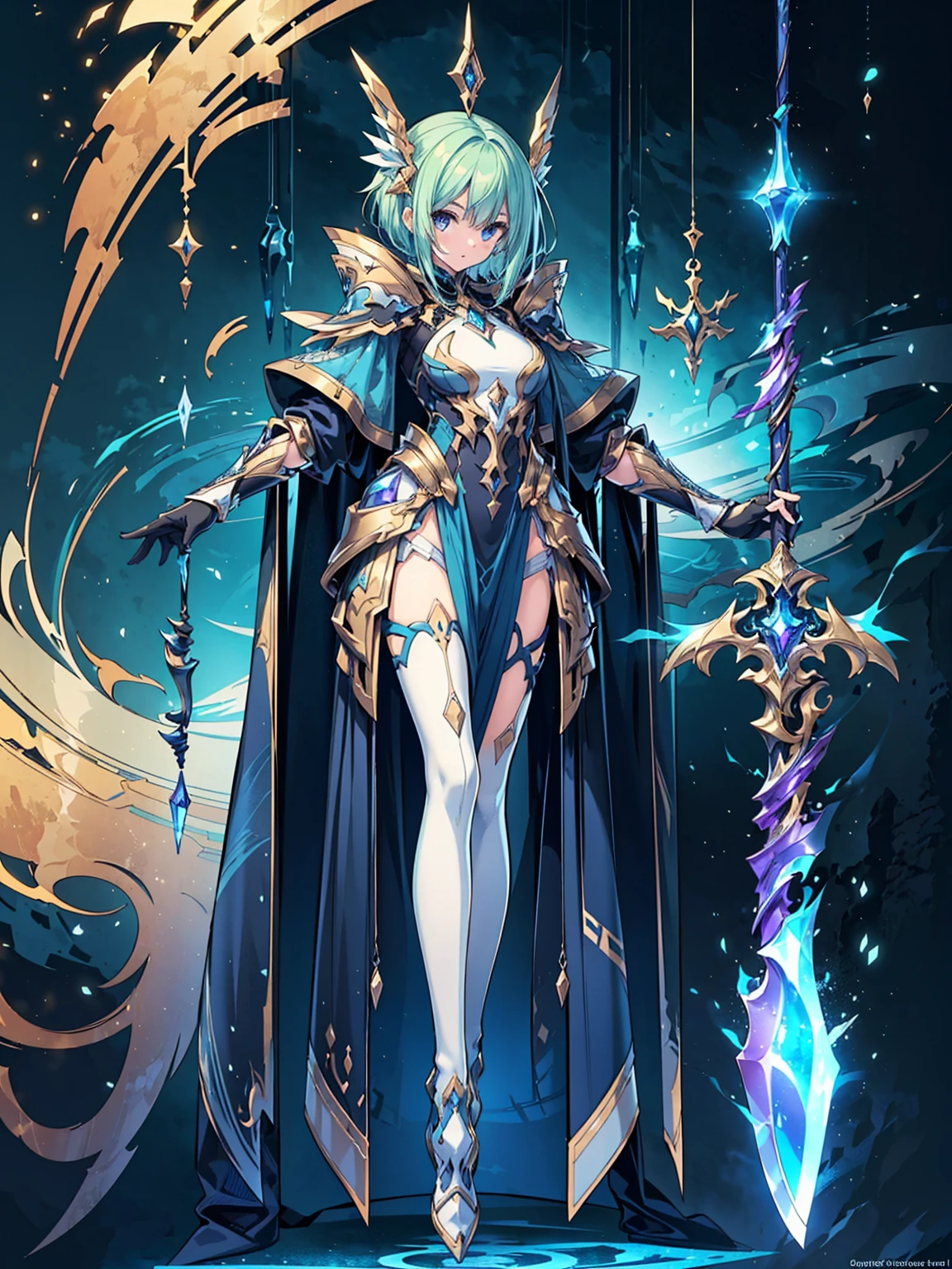 Design a layout showcase Gaming character, (1girl). 
Golden+Purple full body armor, stylish and unique. 
((showcase weapon:1.4)), magic staff. 
(masterpiece:1.2), (best quality), 4k, ultra-detailed. 
(Step by step design, layout art:1.5), (luminous lighting, atmospheric lighting). 
magican, ((glove full hands)), (((revealing clothes:1.3))), vambraces, armored legwear, (((full_body_shot:1.4))). 
[Happy:0.5], [Determined:0.5], right-facing.