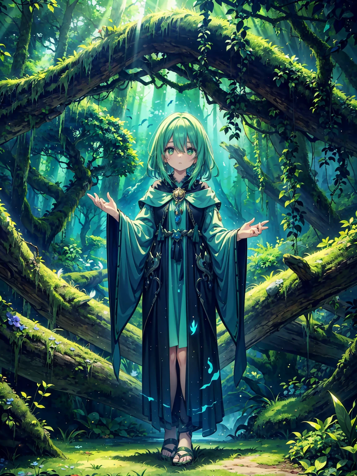 ((full body shot)) of a girl in natural, leafy armor with vines and flowers woven into the design, standing in an enchanted, ancient forest. She has long, flowing green hair and glowing, emerald eyes. Her skin has a faint, earthy texture, and she is adorned with various pieces of nature, like feathers and crystals. She holds a staff made of twisted wood and adorned with glowing runes. The atmosphere is {tranquil|magical}, with shafts of sunlight piercing through the dense canopy. The ground beneath her is a lush carpet of moss and fallen leaves, reflecting the vibrant life and adding to the natural ambiance. Surrounding her are various woodland creatures and glowing plants in shades of {green|yellow}, casting a warm, natural glow. The background features towering, ancient trees and mystical stone formations, hinting at a hidden, magical sanctuary. The scene is serene and mystical, with her face showing a gentle yet powerful expression, her eyes focused intently on her surroundings.

[Best quality], [Masterpiece], [Ultra-detailed], [4k], {tranquil|magical} atmosphere, ancient forest, {dynamic pose|serene pose}, sunlight illumination, {soft shadows|dappled lighting}, {reflected light on moss:0.7}, {glowing plants:0.6}, {woodland creatures:0.5}, {ancient trees:0.4}, {mystical stones:0.3}.