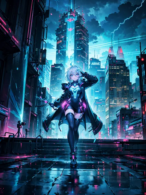 ((full body shot)) of a girl in a sleek, futuristic robe with metallic accents, standing in a stormy, high-tech cityscape. She h...