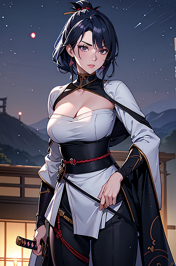 a female samurai, beautiful detailed eyes, beautiful detailed lips, extremely detailed face, long eyelashes, (katana sword on hip:1.2),hyper realistic lighting,(super detailed:1.3),((best quality:1.2)),((masterpiece:1.2)),female focus,lonely beauty,detailed face,detailed lips,(nighttime:1.6),(standing in a medieval europe castletown),(eclipse),cowboy shot,cleavage,((shibari across breasts:1.125)),topknot,muted dark blue hair,white samurai coat,black samurai pants:1.4