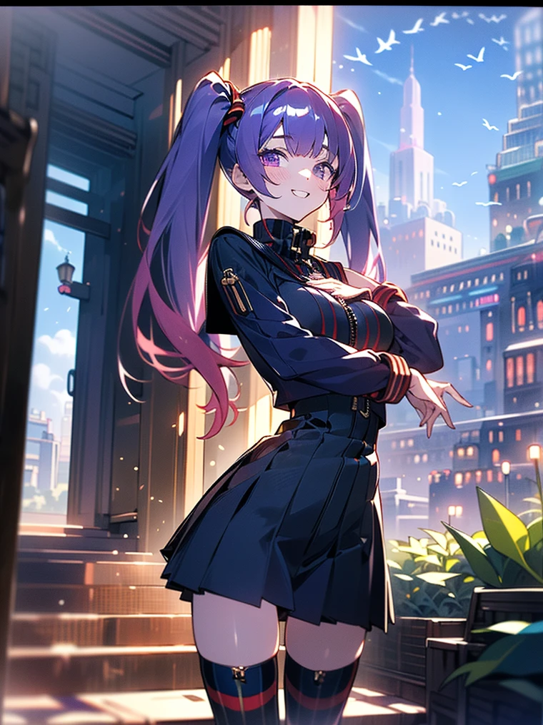 (masterpiece), (HDR), absurdres, (best quality), (ultra high quality), (hi-res), (1girl), (pastel purple eyes), beautiful detailed eyes, detailed eyes, teen, (dark purple hair), bangs, short side locks, (big thick twintails), (long straight hair), ((two gold hair ties)), (medium breast), ((dark navy serafuku with red stripes)), ((red stripe on sailor collar and sleeve cuffs)), (((dark navy shirt with zipper))), ((two vertical red stripes on front of shirt)), (long sleeves), (((turtleneck shirt collar))), (zettai ryouiki), (dark navy box-pleated miniskirt), ((red pleats)), ((black thighhighs with red stripe)) , (thin waist), ((thigh gap)), (happy expression), smile, crooked tooth, cute, facing camera, (looking at camera), bend at waist, (cowboy shot), walking, in the city, outside, buildings, sidewalk, daytime, sunlight on face, noon, bright sun, city scenery, crosswalk, birds