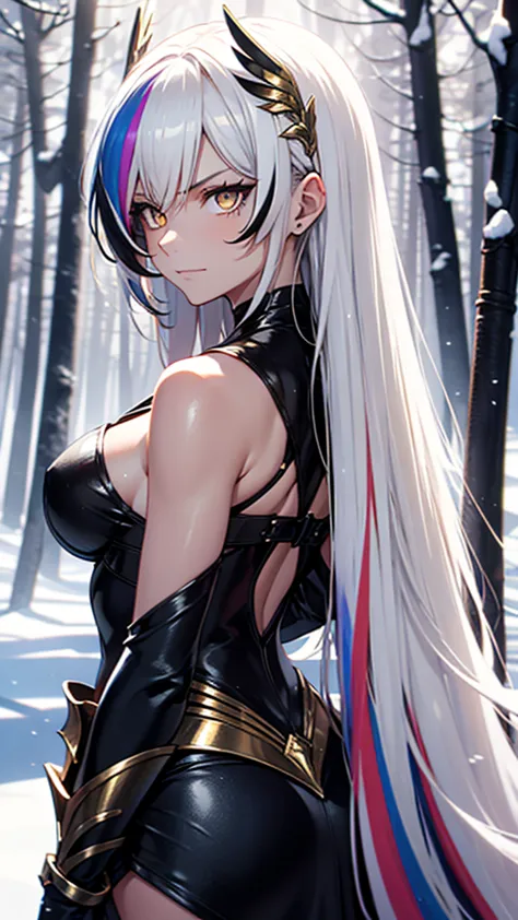 A young demigoddess of destruction, long white hair with rainbow highlights, golden eyes, arrogant smile, armored dress, battle ...