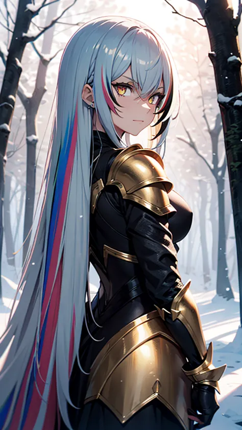 A young demigoddess of destruction, long white hair with rainbow highlights, golden eyes, arrogant smile, armored dress, battle ...