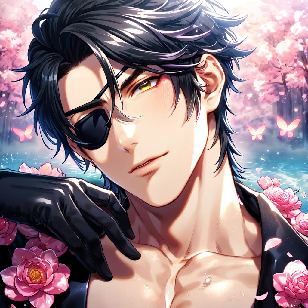 absurdres, highres, ultra detailed, HDR, master piece, best quality, Mitsutada Shokudaikiri, black hair, expressive yellow eyes, Touken Ranbu, solo, sexy man, handsome, black clothes, black eye patch, black gloves, fantasy, shining, water, pink flowers, pink blossoms, pink butterflies, pink petals