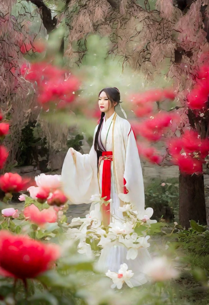 una mujer con un vestido blanco caminando en un jardín con flores de peonía rojas y blancas en primer plano, una niña vestida con ropa tradicional china hanfu, pelo largo y suelto y bata, Fondo del antiguo jardín chino