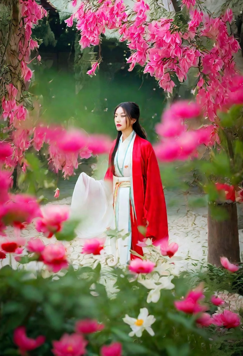 uma mulher usando um vestido branco andando em um jardim com flores de peônia vermelhas e brancas em primeiro plano, uma garota vestindo roupas tradicionais chinesas de hanfu, cabelos longos e esvoaçantes e roupão, fundo de jardim chinês antigo