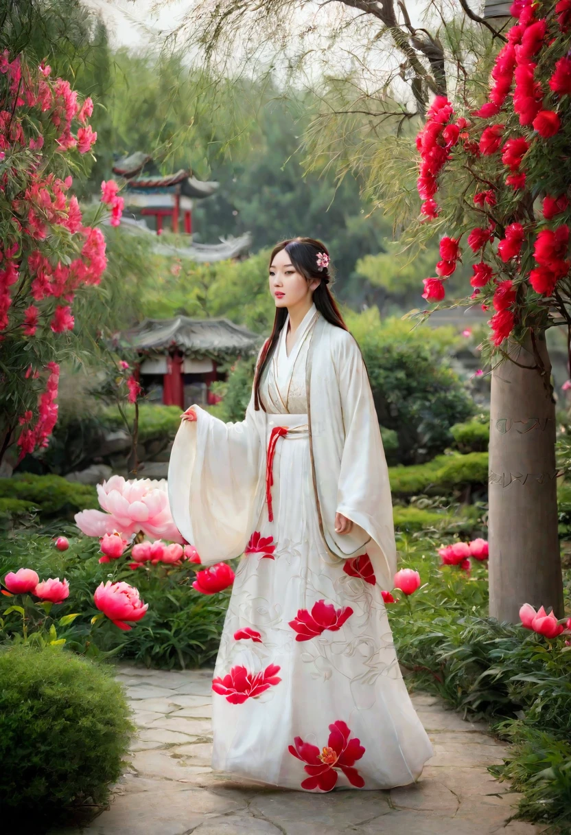 eine Frau in einem weißen Kleid geht in einem Garten spazieren, im Vordergrund sind rote und weiße Pfingstrosenblüten zu sehen, ein Mädchen in traditioneller chinesischer Hanfu-Kleidung, langes wallendes Haar und Gewand, Alter chinesischer Gartenhintergrund