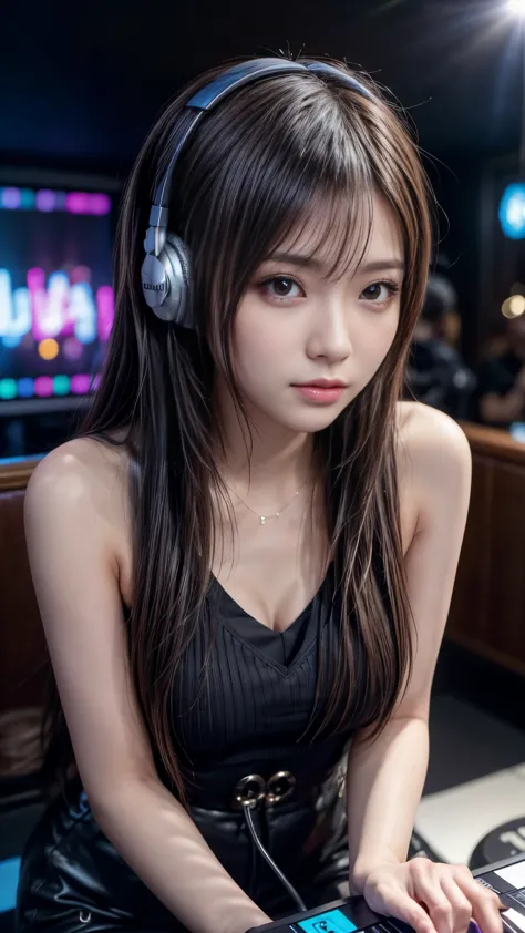 ((DJ girl at a nightclub, Super popular DJ player, Enjoy operating DJ equipment)), (beautiful girl, Baby Face:1.3, Cute face), P...