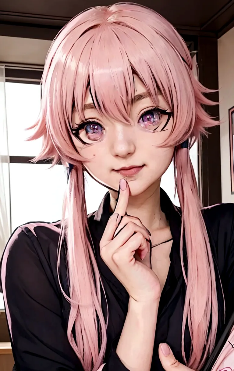 anime girl with pink hair and pink hyperrealistic normal eyes holding a cell phone., gasai yuno, cute anime girl portraits, visu...