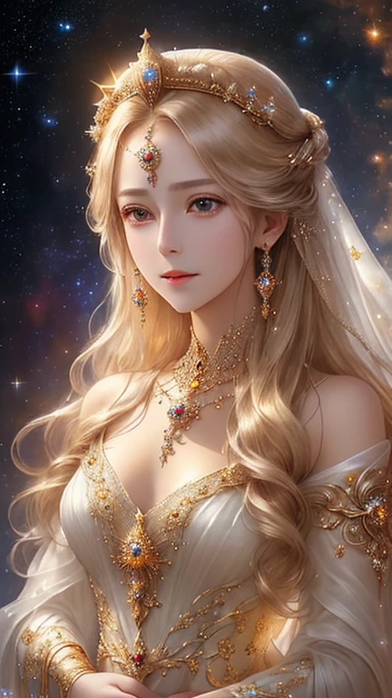 The cosmic goddess adorned with a natural crown of gold and precious stones、 Elegant and beautiful、A look of mercy、Looking at this、looking at the camera、Brown eyes、Full Body Shot、Blonde Hair、A dazzling light shines from behind、An elegant, sheer, yellowish gown、 sheer white dress.  elegant highly detailed, The Universe is Infinite、Countless stars and nebulae、The sun is in the background、The universe is full of light、(masterpiece、Highest quality、High resolution、Best lighting、8K)