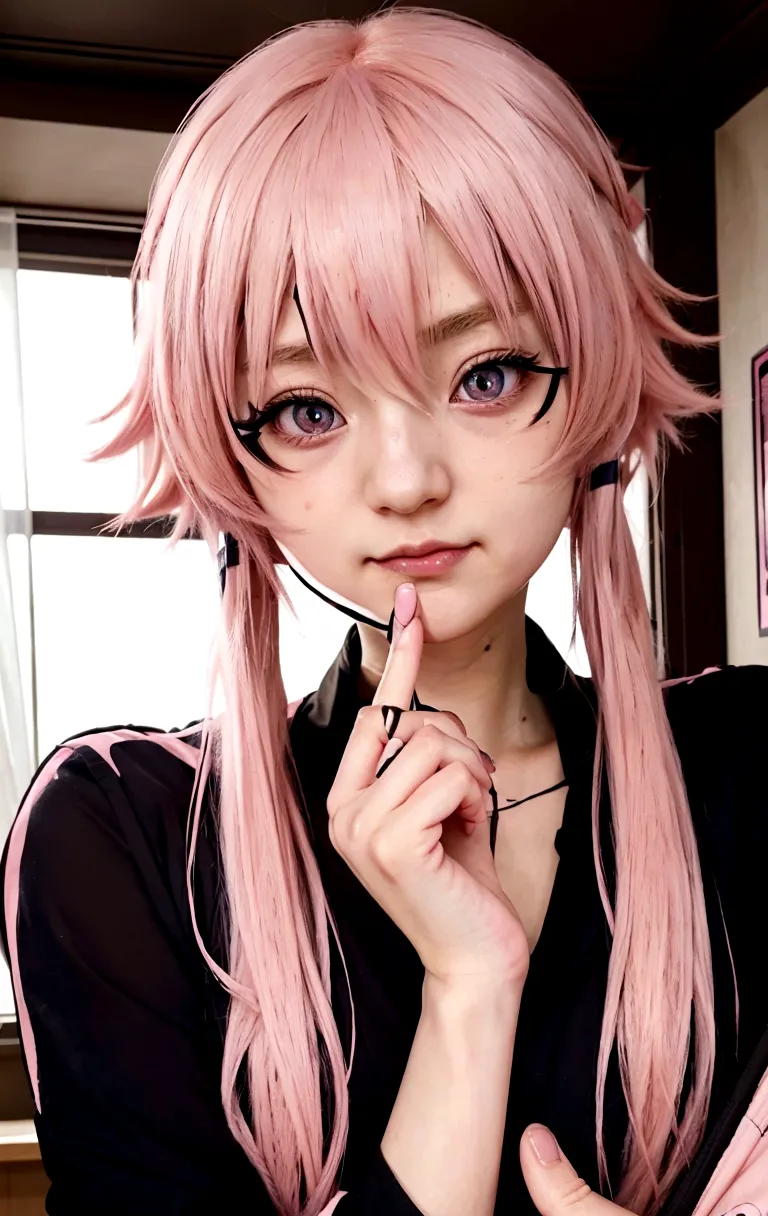 Anime girl with pink hair and pink hyperrealistic normal eyes holding a cell phone., Gasai Yuno, cute anime girl portraits, visu...