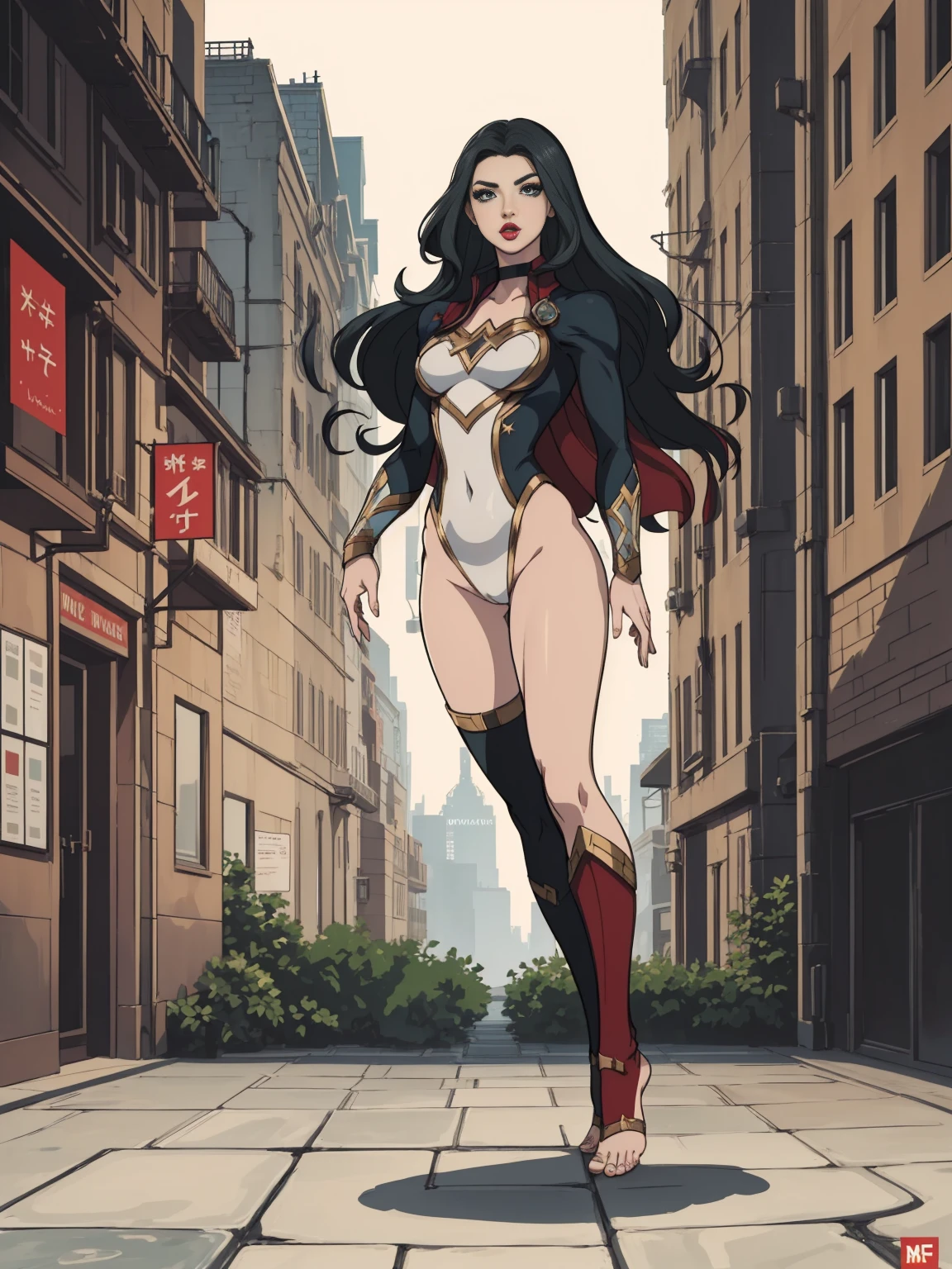 ((full body photo, standing, feet on the ground)) (Adriana Lima :1.1) Red lips, green eyes, ((full body photo, standing, feet on the ground)) Wonder Woman stands imposingly in a city from Themyscira. The scenery is lush. The camera details everything, a warrior woman, cover with stars .
