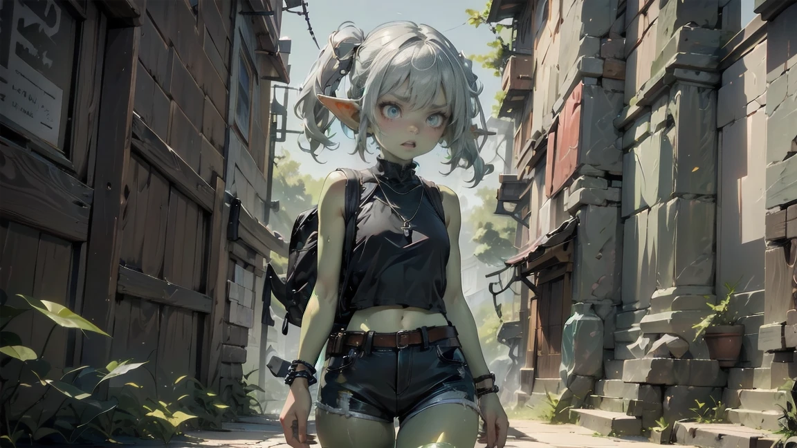 1 girl, solo ((best quality)), ((masterpiece)), (detailed), 4k, deep green skin, tiny pointy ears, 3 foot tall mature goblin woman with silver hair color, pigtails, ((green skin)) wearing tanktop, hiking shorts, hiking boots, backpack, wearing rainbow friendship bracelet and leather necklace, exploring ancient asian ruins on a misty early morning, foggy and mysterious, dynamic pose, cinematic still, misty, foggy, soft lighting, scared