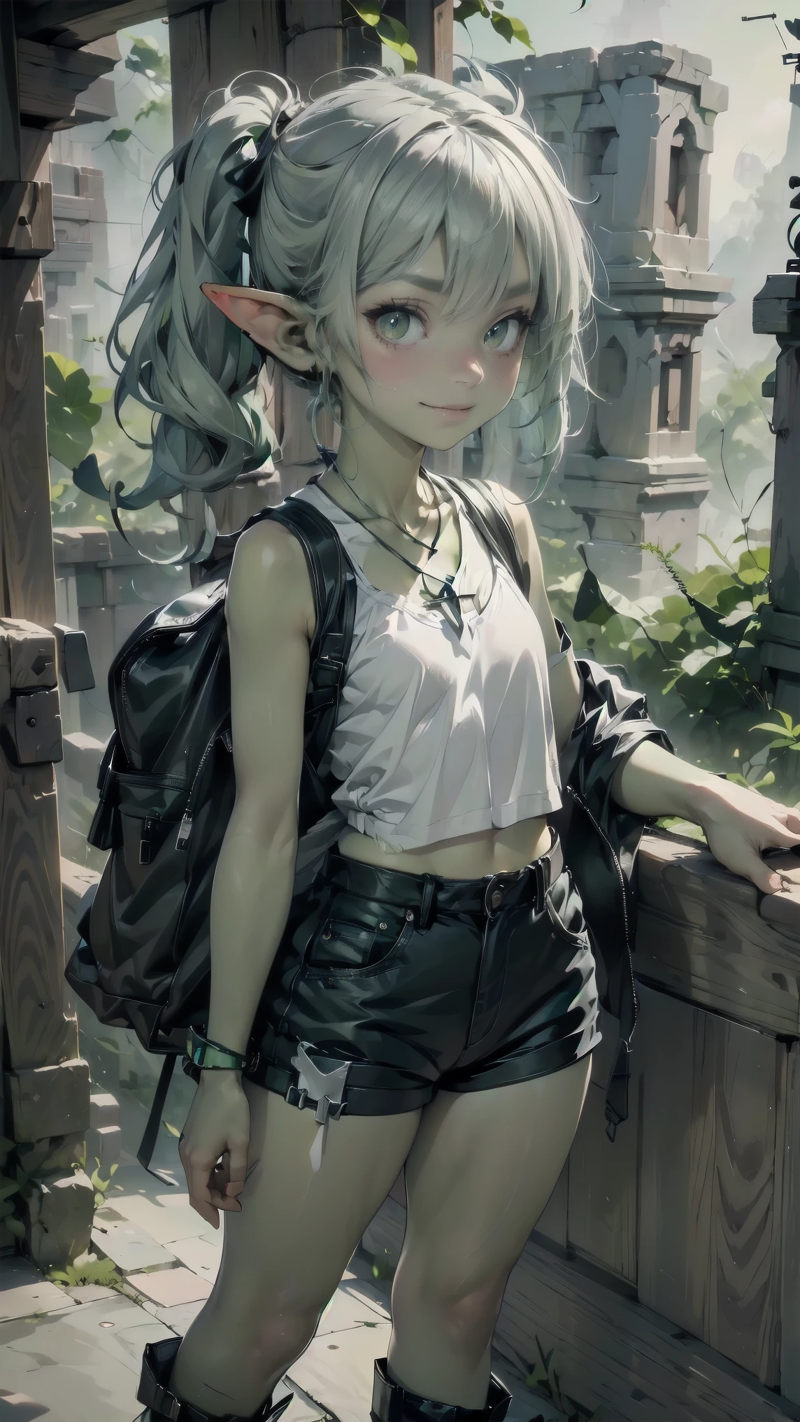 1 girl, solo ((best quality)), ((masterpiece)), (detailed), 4k, deep green skin, tiny pointy ears, 3 foot tall mature goblin woman with silver hair color, pigtails, ((green skin)) wearing tanktop, hiking shorts, hiking boots, backpack, wearing rainbow friendship bracelet and leather necklace, exploring ancient asian ruins on a misty early morning, foggy and mysterious, dynamic pose, cinematic still, misty, foggy, soft lighting