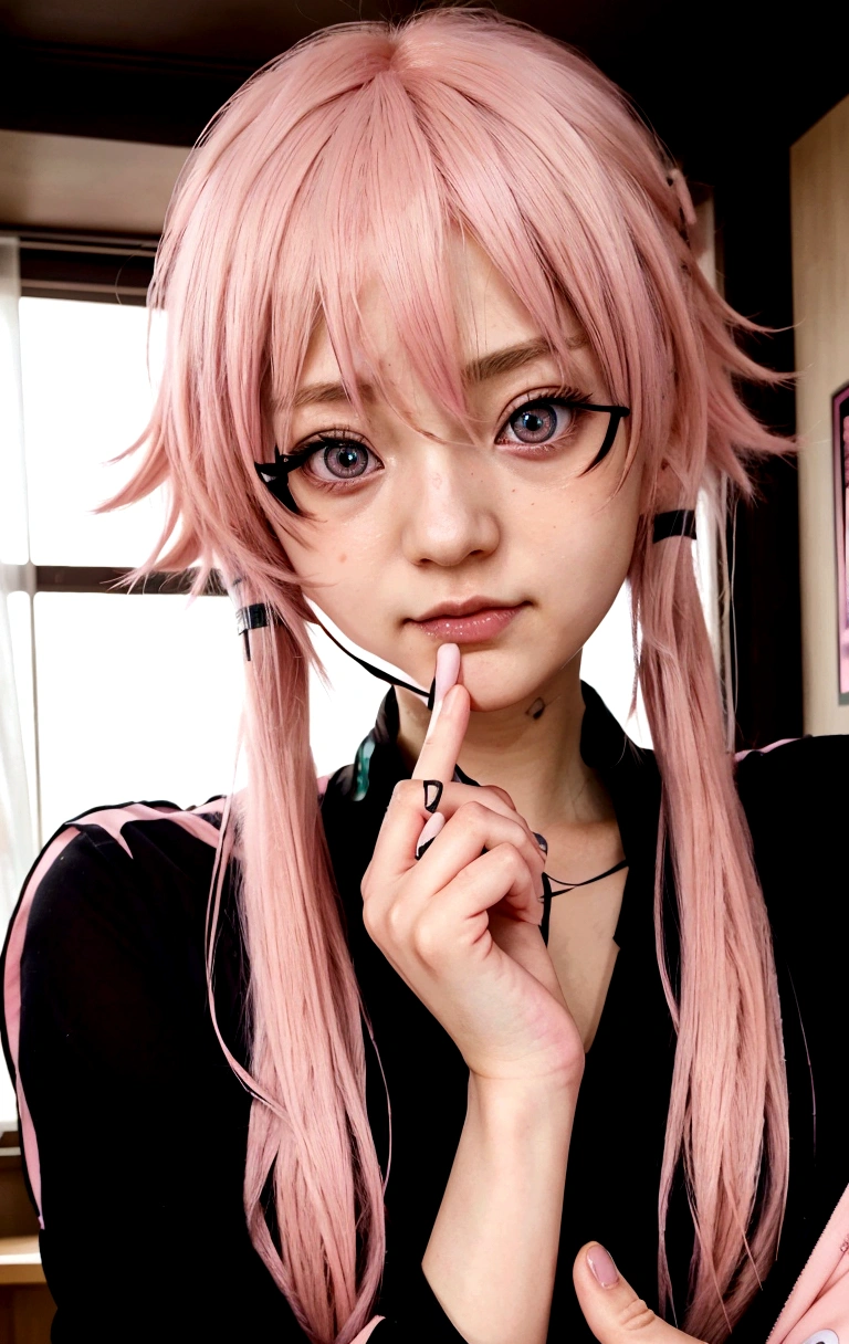 Anime girl with pink hair and pink hyperrealistic normal eyes holding a cell phone., Gasai Yuno, cute anime girl portraits, visual anime of a cute girl, extremely cute anime girl face, Pink hair and cyan eyes., megumu okada, detailed portrait of anime girl, Mirai Nikki, fine details. front line girls, from front line girls, seductive anime girl