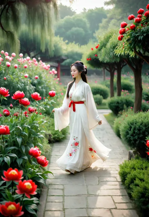 a woman wearing a white dress walking in a garden with red and white peony flowers in the foreground, a girl wearing hanfu tradi...