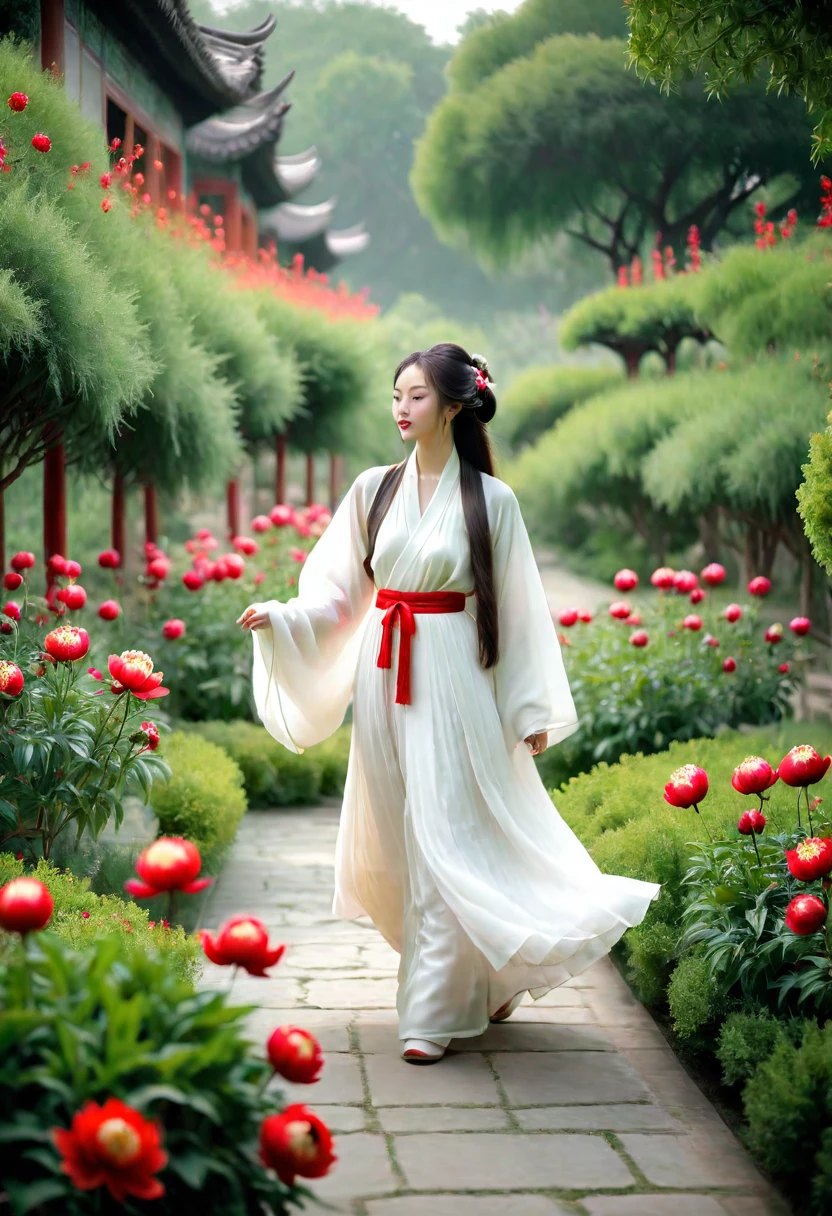 a woman wearing a white dress walking in a garden with red and white peony flowers in the foreground, a girl wearing hanfu traditional chinese clothing, long flowing hair and robe, ancient chinese garden background