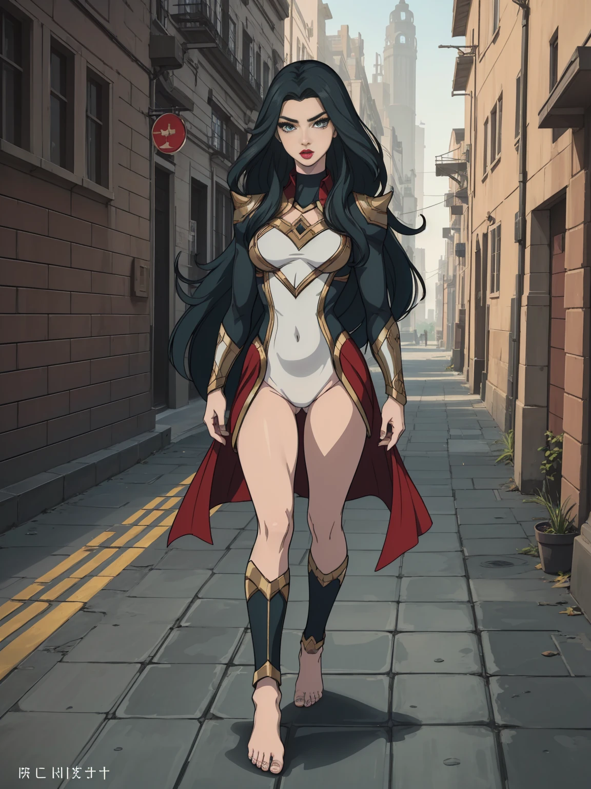 ((foto de cuerpo completo, de pie, pies en la tierra)) (Adriana Lima :1.1) labios rojos, ojos verdes, ((foto de cuerpo completo, de pie, pies en la tierra)) Wonder Woman se alza imponente en una ciudad de Themyscira. El paisaje es exuberante. La cámara lo detalla todo., una mujer guerrera, cubrir con estrellas .
