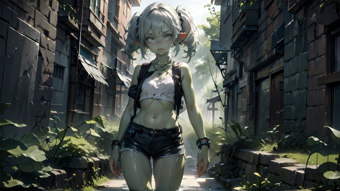 1 girl, solo ((best quality)), ((masterpiece)), (detailed), 4k, deep green skin, tiny pointy ears, 3 foot tall mature goblin woman with silver hair color, pigtails, ((green skin)) wearing tanktop, hiking shorts, hiking boots, backpack, wearing rainbow friendship bracelet and leather necklace, exploring ancient ruins on a foggy night, foggy and mysterious, dynamic pose, cinematic still, misty, foggy, soft lighting, scared, creepy, dark, night, moonlit, ripped shirt