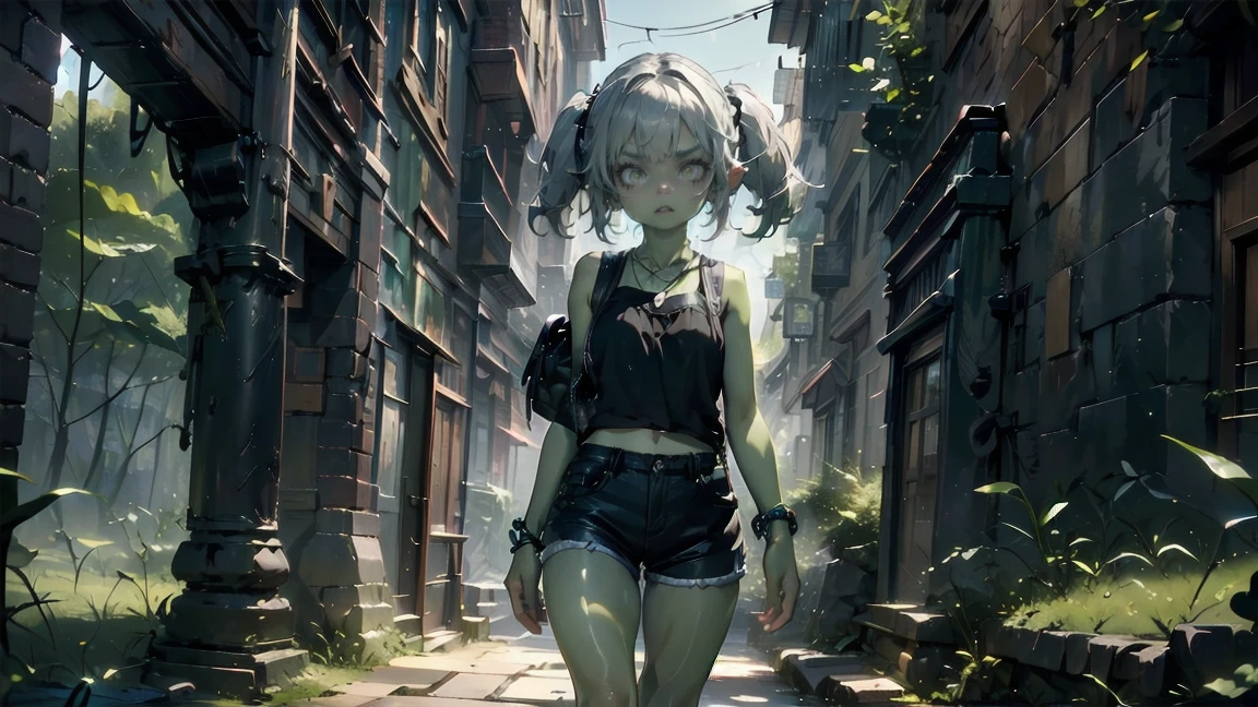 1 girl, solo ((best quality)), ((masterpiece)), (detailed), 4k, deep green skin, tiny pointy ears, 3 foot tall mature goblin woman with silver hair color, pigtails, ((green skin)) wearing tanktop, hiking shorts, hiking boots, backpack, wearing rainbow friendship bracelet and leather necklace, exploring ancient ruins on a foggy night, foggy and mysterious, dynamic pose, cinematic still, misty, foggy, soft lighting, scared, creepy, dark, night, moonlit, ripped shirt