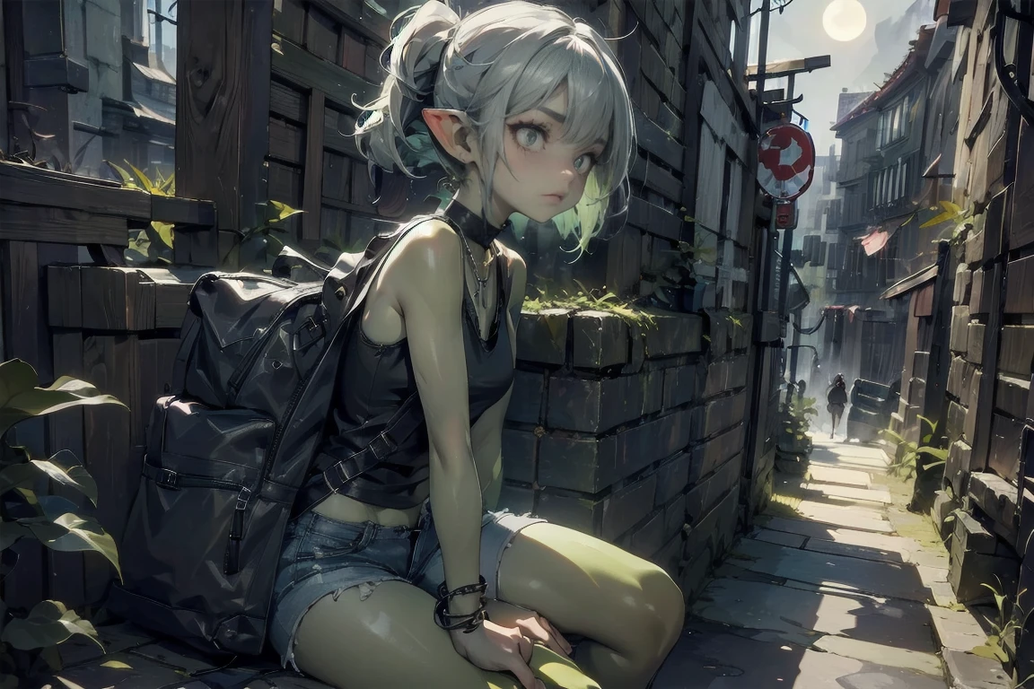 1 girl, solo ((best quality)), ((masterpiece)), (detailed), 4k, deep green skin, tiny pointy ears, 3 foot tall mature goblin woman with silver hair color, pigtails, ((green skin)) wearing tanktop, hiking shorts, hiking boots, backpack, wearing rainbow friendship bracelet and leather necklace, exploring ancient ruins on a foggy night, foggy and mysterious, dynamic pose, cinematic still, misty, foggy, soft lighting, scared, creepy, dark, night, moonlit, ripped shirt