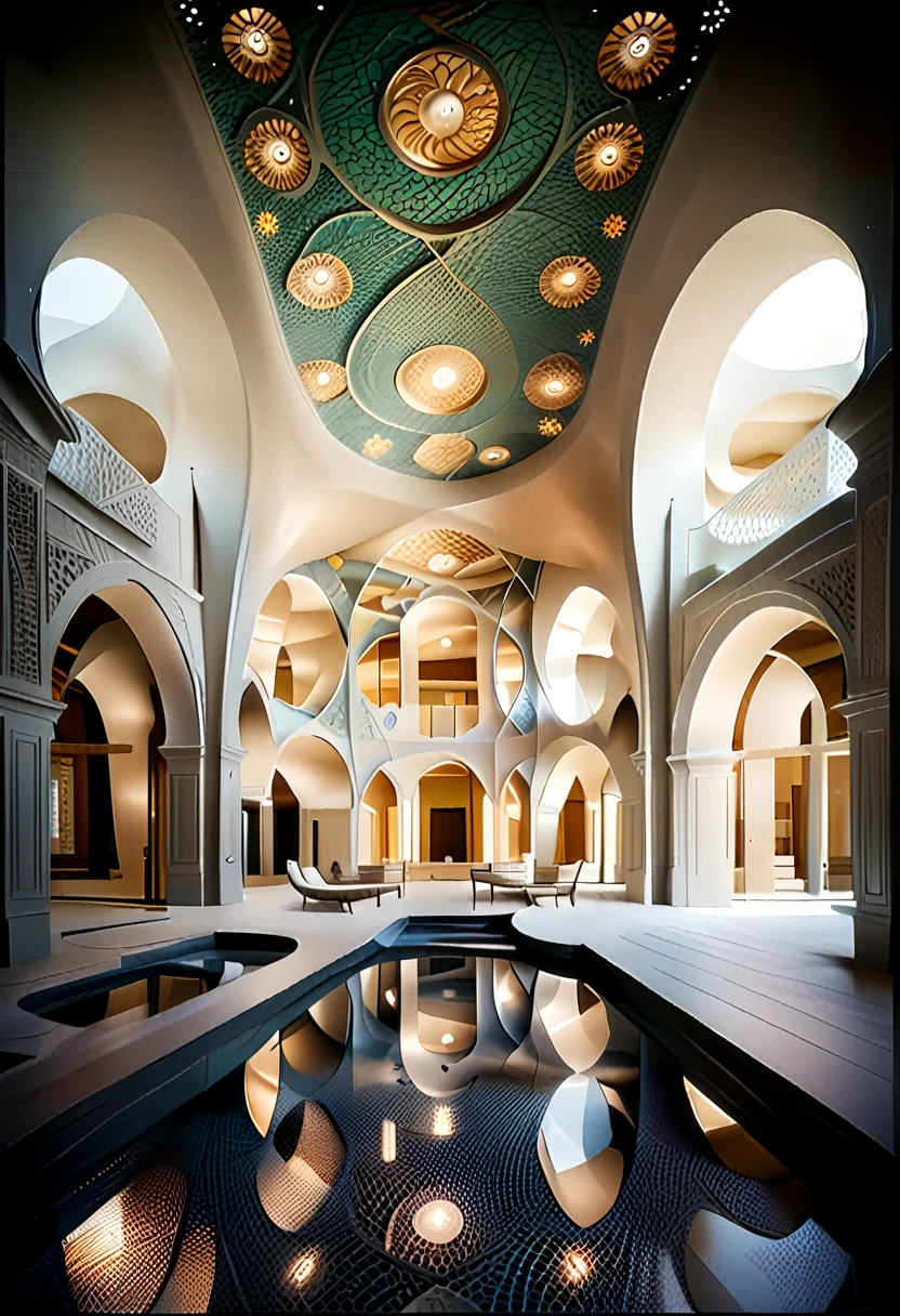 hyper-realistic photo of an architectural interior featuring stunning arabesque patterns. The interior should be richly decorated with intricate geometric and floral designs that cover the walls, ceilings, and floors. Use a combination of vibrant colors and gold accents to highlight the complexity and beauty of the patterns. Include elements such as grand arches, detailed mosaics, and ornate columns to enhance the grandeur of the space. Soft, ambient lighting should be used to illuminate the intricate details and create a warm, inviting atmosphere. The overall scene should be awe-inspiring, capturing the exquisite craftsmanship and beauty of arabesque architecture.