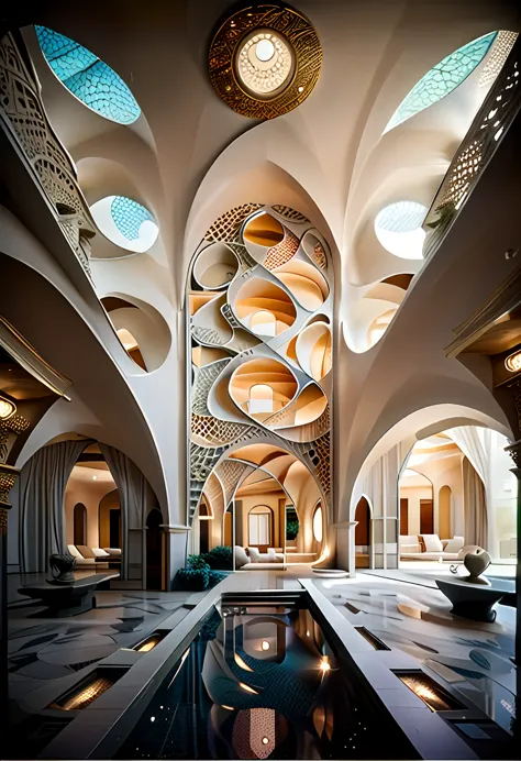 hyper-realistic photo of an architectural interior featuring stunning arabesque patterns. the interior should be richly decorate...