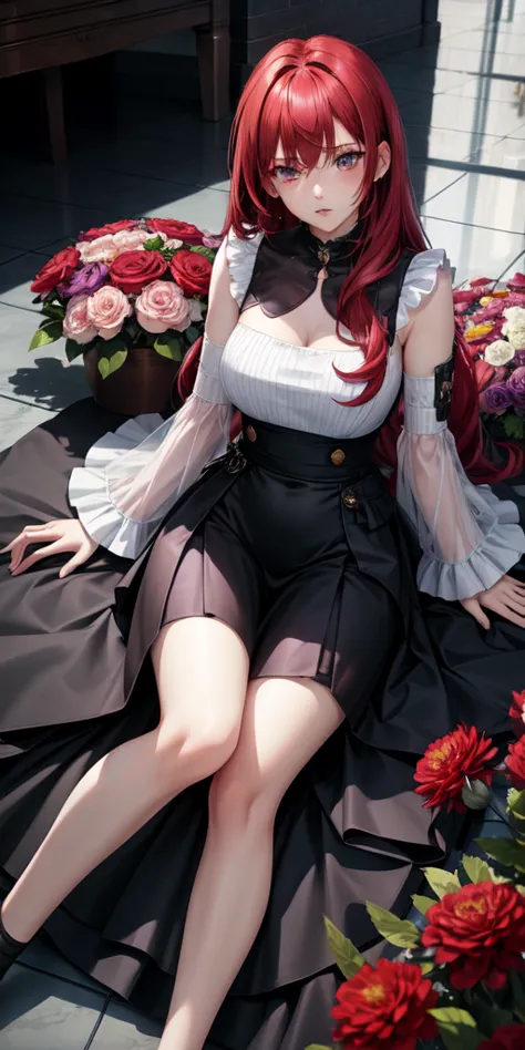 realisitic, 1 girl, red hair, purples eyes, glare eyes, top cut, overskirt, parted lips, blush, natta, flowers, floor, floorlig...