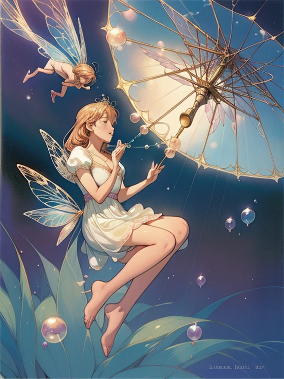 A woman blowing soap bubbles wearing a dress, ethereal and whimsical bubbles, Moebius style and whimsical, dreamlike details, intricate whimsical, close-up fantasy using water magic, fairy tale artwork, fairy tale painting, in the style of Anna Dittmann, whimsical art, realistic fantasy painting, art jam Julie Bell Beeple