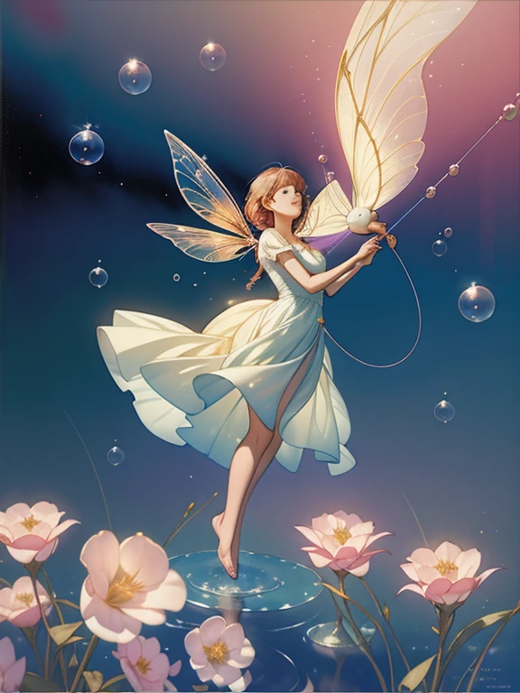 A woman blowing soap bubbles wearing a dress, ethereal and whimsical bubbles, Moebius style and whimsical, dreamlike details, intricate whimsical, close-up fantasy using water magic, fairy tale artwork, fairy tale painting, in the style of Anna Dittmann, whimsical art, realistic fantasy painting, art jam Julie Bell Beeple