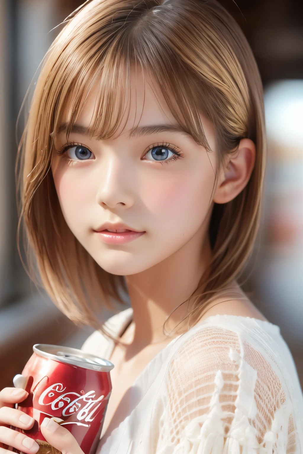 Beautiful girl modern fashion drinks coca cola, Cinematic,8K resolution, Soft lighting,Ultra-detailed skin and hair texture, eye,nose, Mouth has realistic details,Blonde