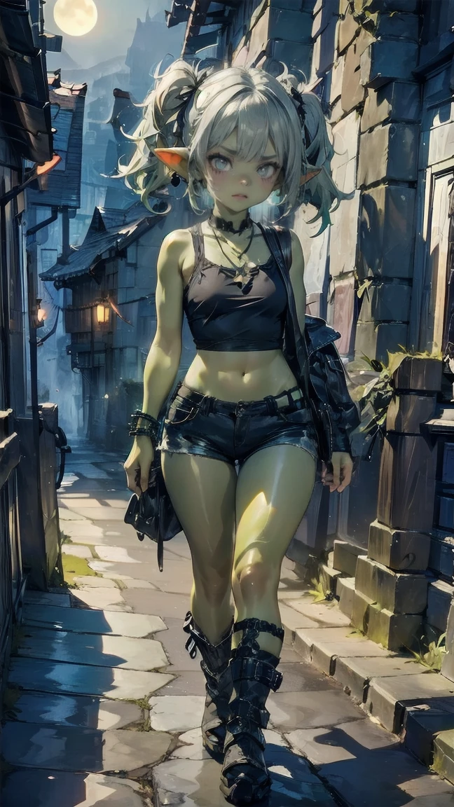 1 girl, solo ((best quality)), ((masterpiece)), (detailed), 4k, deep green skin, tiny pointy ears, 3 foot tall mature goblin woman with silver hair color, pigtails, ((green skin)) wearing tanktop, hiking shorts, hiking boots, backpack, wearing rainbow friendship bracelet and leather necklace, exploring ancient ruins on a foggy night, foggy and mysterious, dynamic pose, cinematic still, misty, foggy, soft lighting, scared, creepy, dark, night, moonlit, ripped clothes, haunted village, ruins, sneaking around