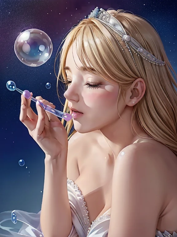 A woman blowing soap bubbles wearing a dress, ethereal and whimsical bubbles, Moebius style and whimsical, dreamlike details, intricate whimsical, close-up fantasy using water magic, fairy tale artwork, fairy tale painting, in the style of Anna Dittmann, whimsical art, realistic fantasy painting, art jam Julie Bell Beeple