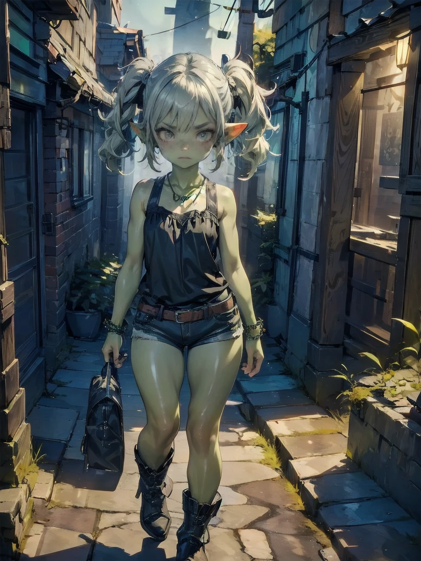 1 girl, solo ((best quality)), ((masterpiece)), (detailed), 4k, deep green skin, tiny pointy ears, 3 foot tall mature goblin woman with silver hair color, pigtails, ((green skin)) wearing tanktop, hiking shorts, hiking boots, backpack, wearing rainbow friendship bracelet and leather necklace, exploring ancient ruins on a foggy night, foggy and mysterious, dynamic pose, cinematic still, misty, foggy, soft lighting, scared, creepy, dark, night, moonlit, ripped shirt, haunted village, ruins, sneaking around